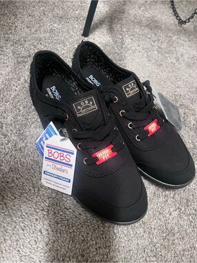 BOBS from Skechers Black and Rose Gold Wide Fit Lace-Up Sneakers